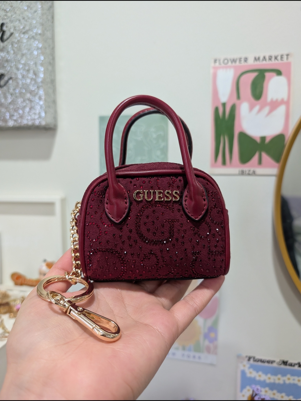 GUESS Burgundy Mini Handbag Keychain